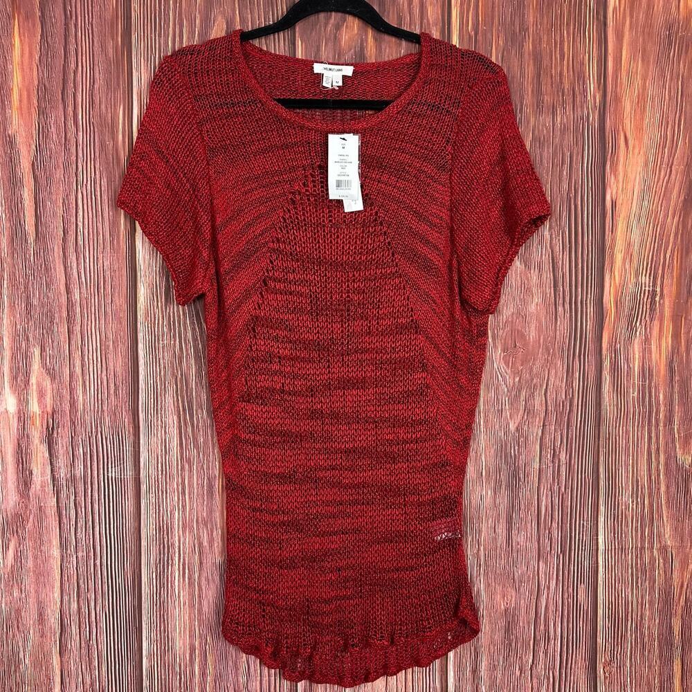 Helmut‎ Lang Red Sweater Short Sleeve Tunic Open Knit Marled Viscose Medium NWT